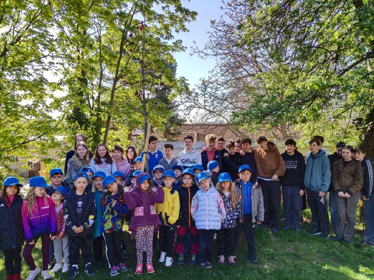 Nový strom na zahradě zasadili společně prvňáčci a deváťáci